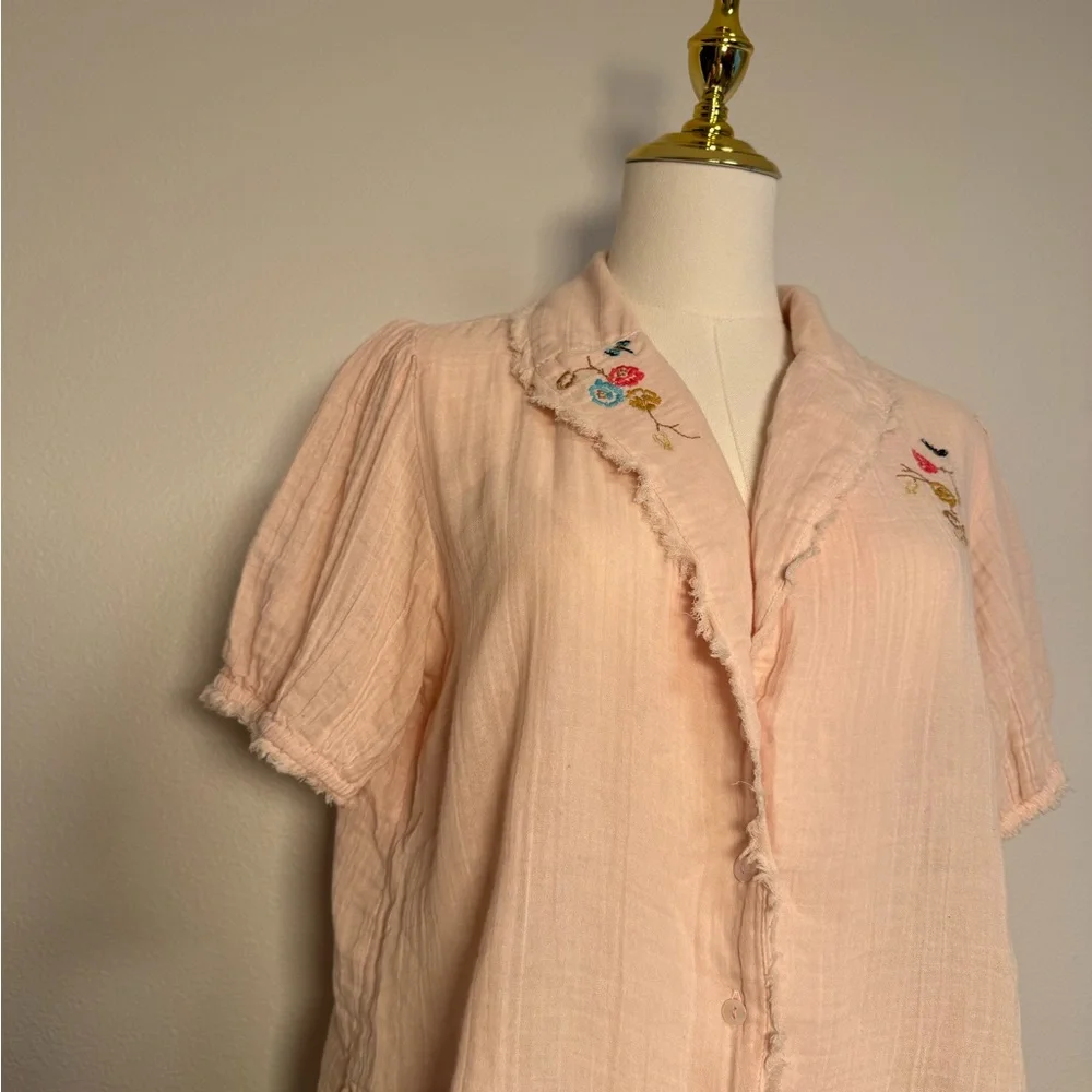 Anthropologie Romilly Soft Gauze PJ Embroidered Pale Pink Top Sz XS Oversized - Picture 5 of 10